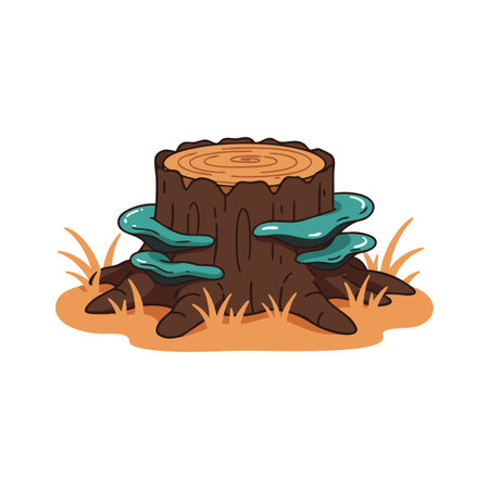 Illustration shows a brown tree stump with circular rings and blue shelf fungi growing on sides, surrounded by dry grass in natural setting calm.のイラスト素材