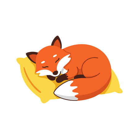 A cute orange fox sleeps curled up on a yellow pillow, showing peaceful rest and calm mood in a simple vector style.のイラスト素材