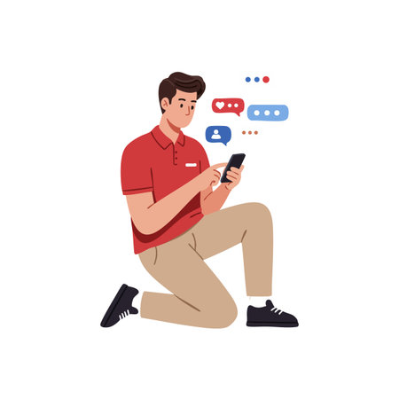 Young man kneels while using a smartphone with social media chat bubbles above, showing engagement in digital communication, vibrant and modern mood.のイラスト素材