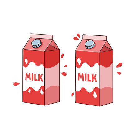 Two red and pink milk cartons with blue caps release splash droplets in a clean white background, creating a fresh and playful mood.のイラスト素材