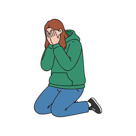 Illustration shows a woman kneeling crying with hands covering her face wearing a green hoodie and blue jeans, expressing sadness. Calm mood.のイラスト素材