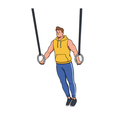 Illustration shows a male athlete exercising on gymnastics rings wearing a yellow hoodie and blue pants in a dynamic pose. Energetic mood.のイラスト素材