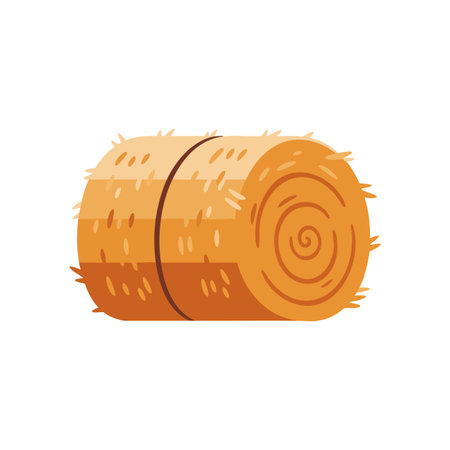 Illustration shows a hay bale with orange and brown tones tied with rope in a natural farming setting, conveying rustic and calm mood.のイラスト素材