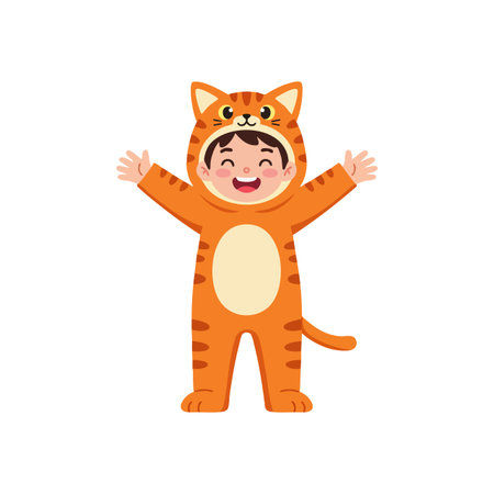 A happy child wears an orange tiger costume with arms outstretched, smiling joyfully in a playful mood.のイラスト素材