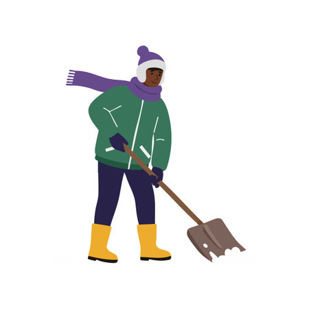 Illustration shows a person dressed in winter clothes shoveling snow with a shovel, wearing a purple scarf and yellow boots. Calm mood.のイラスト素材