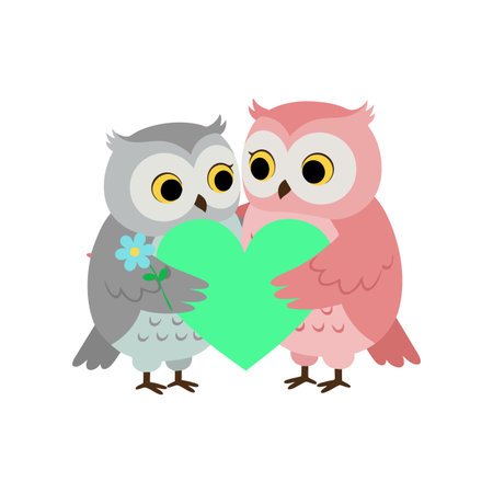 Two owls, one gray and one pink, hold a green heart and a blue flower, symbolizing affection and togetherness in a charming style. Cheerful mood.のイラスト素材