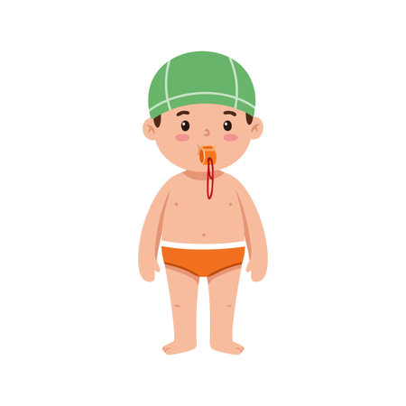 Illustration depicts a child swimmer with a green swim cap and orange trunks blowing a whistle in a simple style. Cheerful mood.のイラスト素材