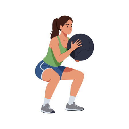 Woman performs a medicine ball squat exercise focusing on strength and balance in a fitness training session. Active and focused mood.のイラスト素材