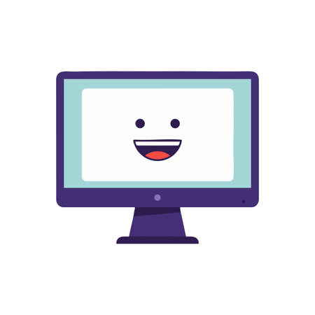 This vector shows a computer monitor with a smiling face, representing cheerful technology and positive digital interaction. Bright and friendly.のイラスト素材