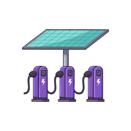 Illustration shows three purple electric vehicle chargers beneath a large solar panel, representing clean energy and sustainability, in a bright style.のイラスト素材