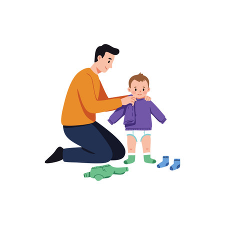 Father kneels and helps toddler wear a purple jacket with socks and green clothes scattered nearby, showing care and bonding moment. Warm mood.のイラスト素材
