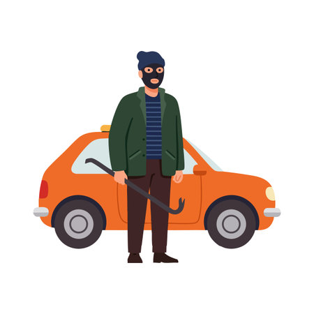 Illustration shows a masked thief holding a crowbar standing by an orange car, representing burglary and crime, in a flat style. Serious mood.のイラスト素材