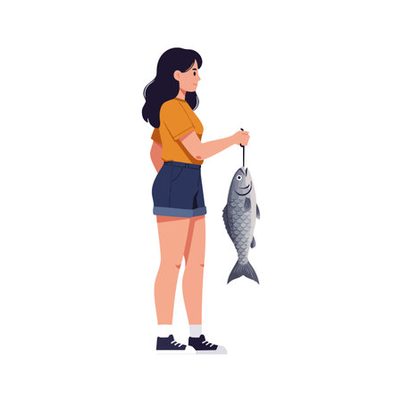 Woman stands holding a large fish by the line, dressed in casual summer clothes, showing a relaxed and satisfied mood.のイラスト素材