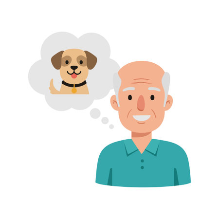 Illustration shows an elderly man smiling while imagining a friendly dog, expressing affection and happiness. Calm and warm mood.のイラスト素材