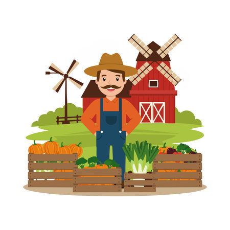 Farmer stands proudly behind crates of fresh vegetables with red barn and windmill in the background in bright daylight, calm and cheerful mood.のイラスト素材