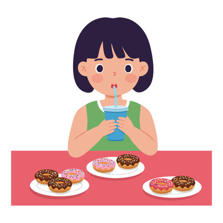 Young girl with black hair drinks juice through a straw while enjoying an assortment of colorful donuts on plates. Cheerful scene.のイラスト素材
