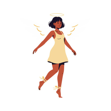 Illustration shows a woman angel with halo and wings wearing a yellow dress walking gracefully, emitting a peaceful and gentle mood.のイラスト素材