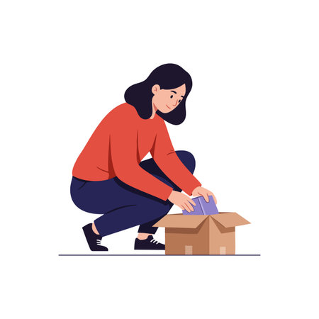 Illustration shows woman with black hair unpacking items from a cardboard box in casual outfit, conveying a focused and calm mood.のイラスト素材