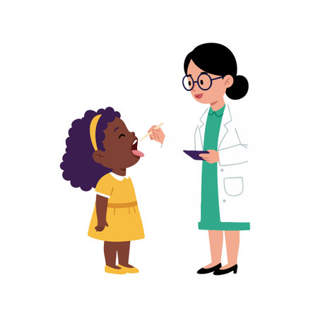 Female doctor in white coat examines little girl patient wearing yellow dress during medical checkup with calm and caring atmosphere.のイラスト素材