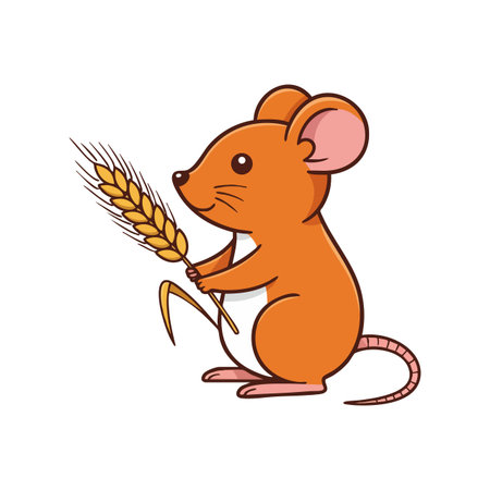 Illustration shows a cute orange mouse holding a wheat stalk in a simple style. The mood is gentle and playful.のイラスト素材