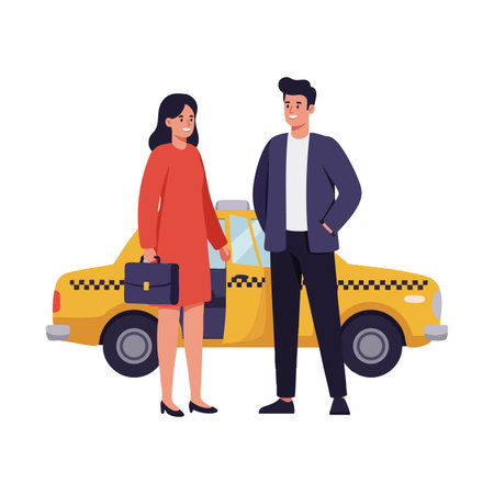 Businessman and businesswoman standing near a yellow taxi cab, dressed professionally, engaging in conversation, urban transport scene, friendly mood.のイラスト素材