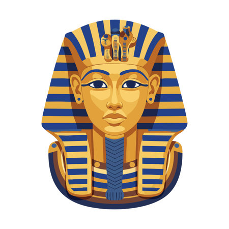 Illustration of ancient Egyptian pharaoh Tutankhamun wearing gold and blue striped headdress in...