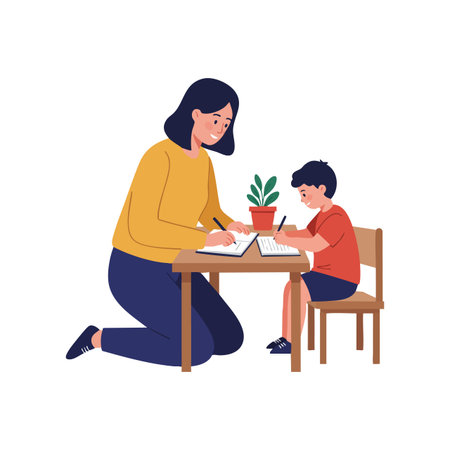 Woman helps young boy practice writing at a small wooden table with a potted plant, creating a focused and calm learning atmosphere.のイラスト素材