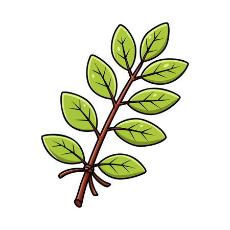 Illustration shows a green leafy branch with brown stem in simple cartoon style on white background, evoking freshness and nature calmness.のイラスト素材