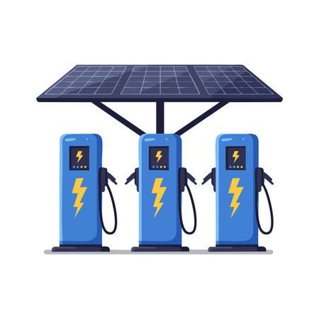 Illustration shows electric vehicle charging station powered by solar panels with three blue chargers under clear lighting, conveying eco-friendly energy mood.のイラスト素材