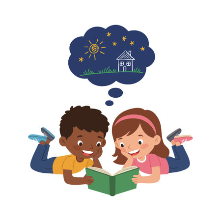 Two children lying on floor reading a book with thought bubble showing a nighttime home scene, creating a joyful and imaginative mood.のイラスト素材