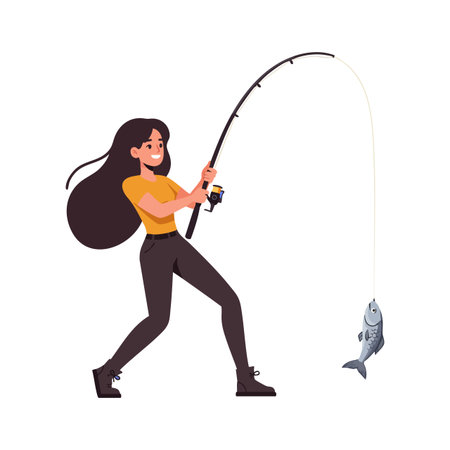 Woman holding fishing rod catches a fish while standing outdoors, enjoying leisure activity with a happy expression. Cheerful mood.のイラスト素材