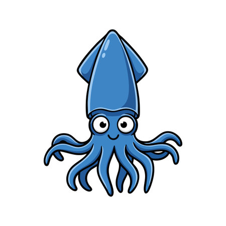 Cute blue squid character with big eyes and smiling face swimming underwater in ocean environment, friendly and playful mood.のイラスト素材