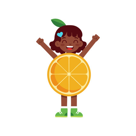 Illustration of a joyful child with raised arms dressed as an orange slice with green shoes and leaf, conveying playful and cheerful mood.のイラスト素材