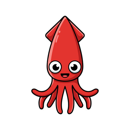 Vector illustration shows a red cartoon squid with big eyes and a smiling face in a playful style. Cheerful mood.のイラスト素材