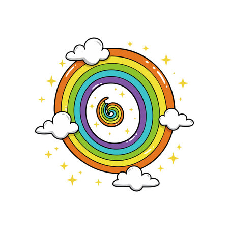 This vector illustration features a colorful spiral rainbow with clouds and sparkling stars in a cheerful and playful style. Bright mood.のイラスト素材