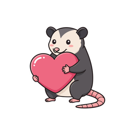 Illustration shows a small opossum holding a large pink heart, symbolizing love and affection in a charming style. Cheerful mood.のイラスト素材