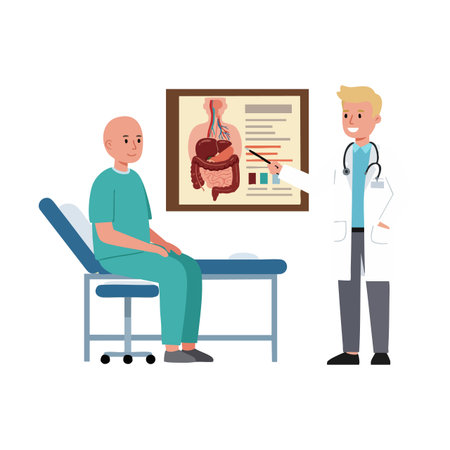 Doctor uses pointer to explain digestive system diagram to seated patient in clinical setting, promoting understanding and care. Informative and calm.のイラスト素材
