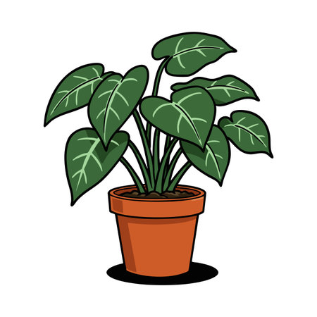 Illustration shows a green leafy plant with large leaves growing in a terracotta pot, featuring natural lighting and a simple background, calm mood.のイラスト素材