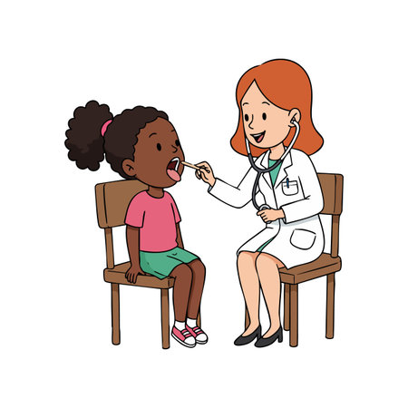 Female doctor uses a stethoscope to examine a young girl sitting on a chair during a medical checkup in a clinical setting. Caring scene.のイラスト素材