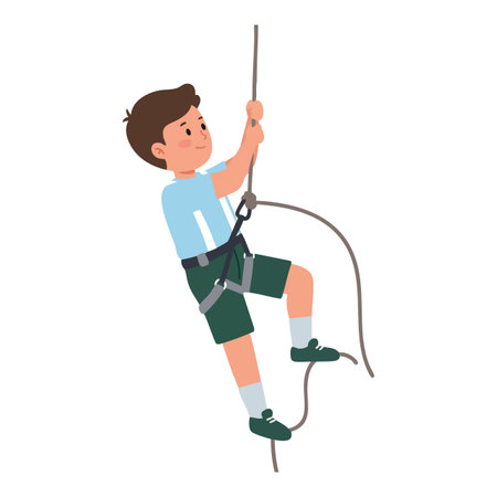 Illustration shows a boy climbing a rope using a safety harness and casual clothes, portraying determination and adventure mood.のイラスト素材