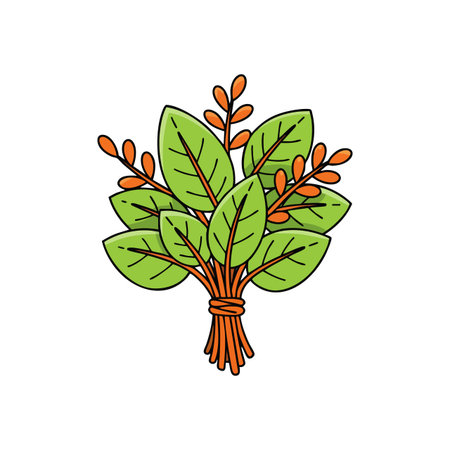 Illustration shows a bundle of green leaves with orange berries tied together, featuring a simple and clean style, bright and cheerful mood.のイラスト素材