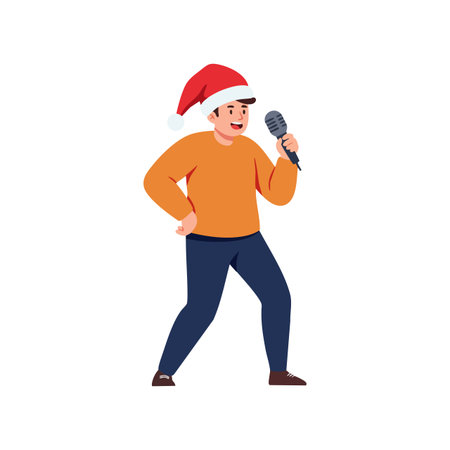 Illustration shows man in orange sweater and santa hat singing into microphone, expressing festive joy and holiday spirit. Cheerful mood.のイラスト素材