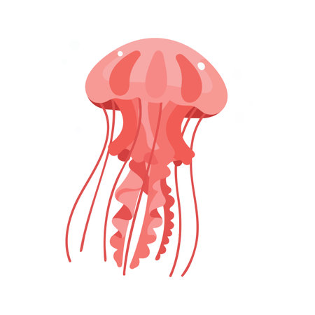 Illustration shows a pink jellyfish with flowing long tentacles, drifting underwater in a calm marine environment, peaceful and serene.のイラスト素材
