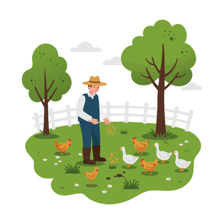 Illustration shows a farmer feeding chickens on green grass surrounded by trees and a fence in daylight, creating a peaceful rural scene. Calm mood.のイラスト素材