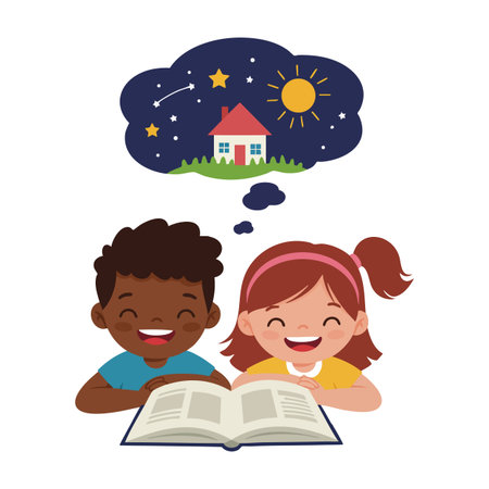 Two children happily read a book imagining a cozy house under stars and sun, creating a joyful and imaginative mood.のイラスト素材