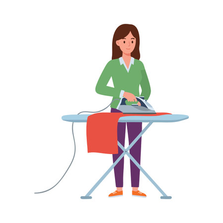 Illustration shows a woman ironing a piece of red clothing on an ironing board, engaging in a household chore with calm mood.のイラスト素材