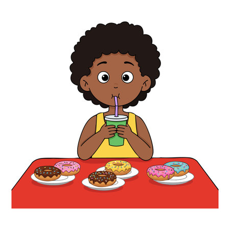 Child with curly hair drinks a green beverage using a straw while sitting at a table with colorful donuts, creating a cheerful scene.のイラスト素材