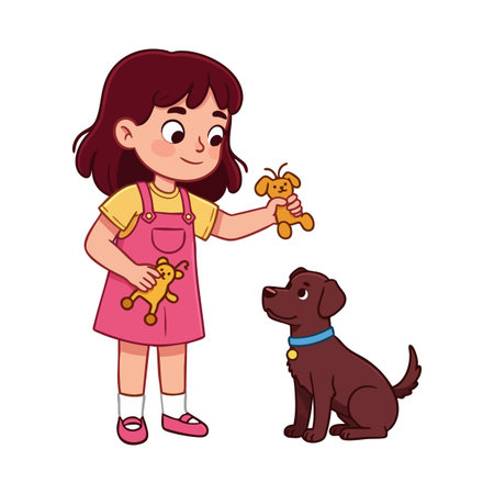 Girl in pink dress plays with brown dog using small stuffed toys, creating a joyful and playful scene. Cheerful mood.のイラスト素材