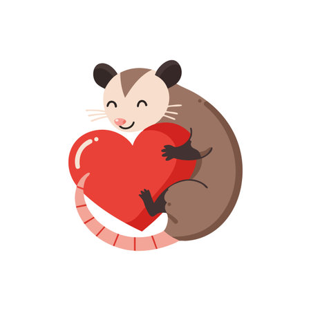 Illustration shows a cute opossum hugging a red heart, expressing love and warmth with a joyful mood.のイラスト素材