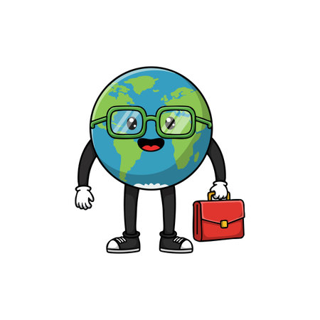 This vector shows an Earth globe character wearing glasses and holding a briefcase, symbolizing business and environment in a playful style. Cheerful mood.のイラスト素材